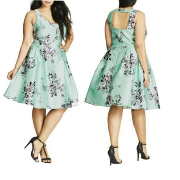 City Chic Dresses & Skirts - City Chic Fit Floral Fit & Flare Tulle Dress Mint Satin Plus Size XL 22W H13779